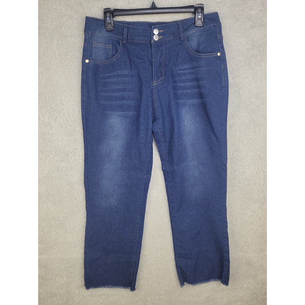 Women's Blue Denim Jeans L High Rise Raw Hem Stretch Casual Slim Straight Fit